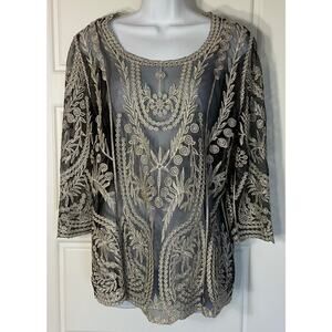 Pinky Embroidered Black & Gold Metallic Retro Flowy Top L